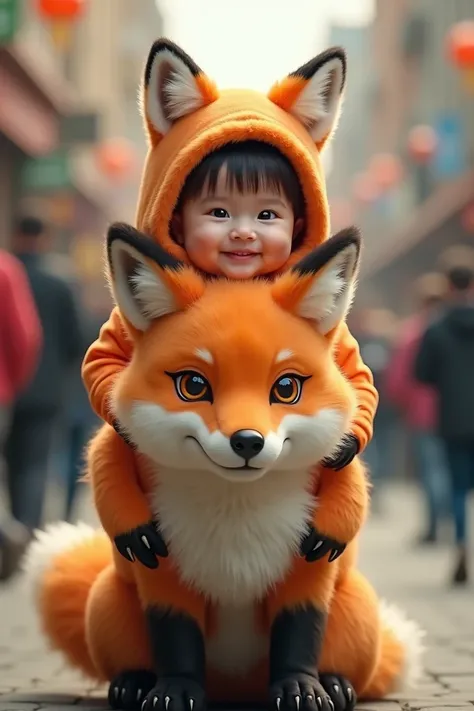   This image shows a baby wearing Naruto in a furry costume that resembles a fox, The baby appears to be sitting on the back of a big fox .   The fox has orange fur and a facial expression that seems calm , but alert. The background of the image shows a se...