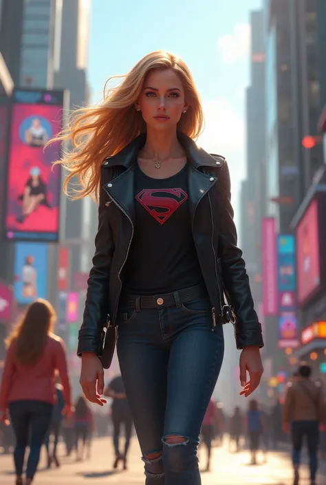  A teenage Supergirl dressed in an elegant black leather jacket and a black t-shirt and the s on her chest, she is walking down a street in the city of Metropolis . 3D fantasy and science fiction style .