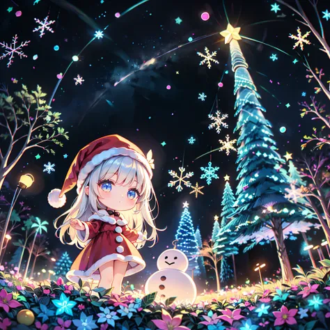 1girl, pretty face、Baby Face、 best detail、 top quality、 Masterpiece、 super detailed 、 high definition、Chibi、cute、 Neon Color Gradation Hair Color、White and Black Santa Claus Dress 、 snowman、 Snowflakes 、 fantasy、 absurd、 neon lights enhance the cuteness、世界...