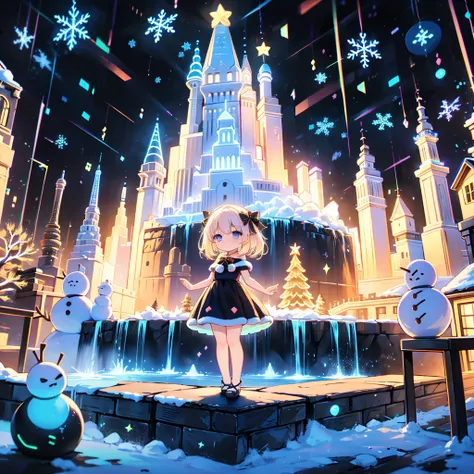 1girl, pretty face、Baby Face、 best detail、 top quality、 Masterpiece、 super detailed 、 high definition、Chibi、cute、 Neon Color Gradation Hair Color、White and Black Santa Claus Dress 、 snowman、 Snowflakes 、 fantasy、 absurd、 neon lights enhance the cuteness、世界...