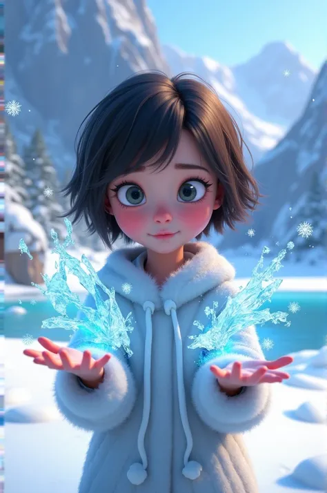 A Pixar-styled image of a 14-year-old brunette girl with short black hair who has ice powers