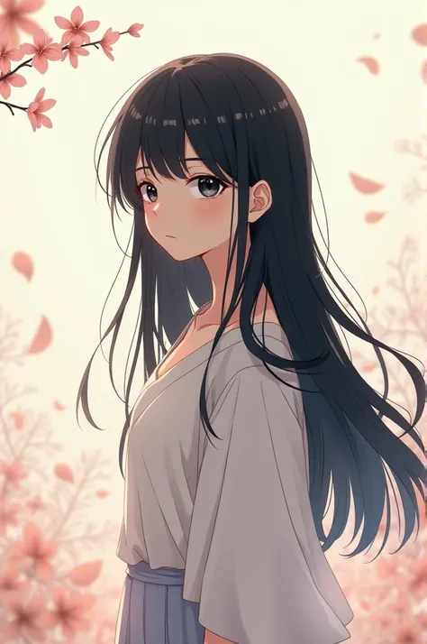 Boy with feminine features, long black hair and black eyes, anime simple 