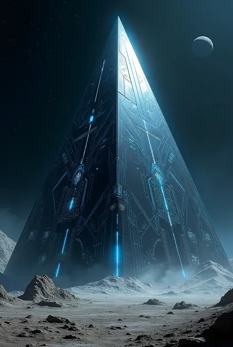 Concept art d’une gigantesque pyramide extraterrestre; la pyramide est faite de métal noir parcouru de lignes de circuit imprimé de couleur bleue; la clarté des étoiles se reflète sur la surface métallique; décor lunaire hostile et impropre à la vie; ciel ...