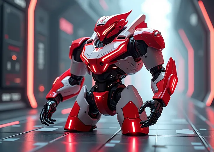 Create a red and white futuristic robot bot with neon lights