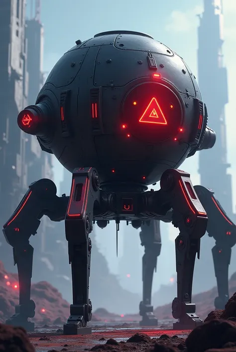 The war machine ,  war machine in the shape of a dark futuristic sphere with red lights, laser machine guns on the sides , four robotic spider legs, triangular-shaped red window, Anime style 