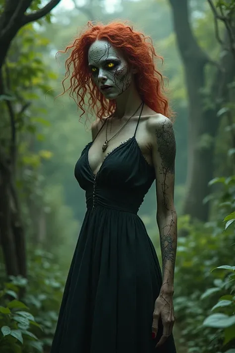  Woman full of seams on her face ,  looking like the monster from Frankenstein,  curly and red hair, yellow eyes and greyish skin ,  long dress against the backdrop of a garden  