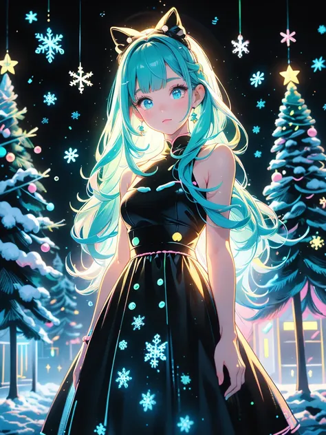 1girl,Chibi、 best detail、cute、 Neon Color Gradation Hair Color、White and Black Santa Claus Dress 、 snowman、 Snowflakes 、 fantasy、 absurd、 neon lights enhance the cuteness、世界一cute絵、 Christmas Lights、 Proximity Method、 view from below、