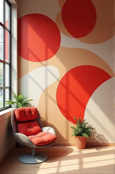 a creative mural design for an advertising agency that embodies a cool, youthful, and dynamic vibe. The artwork should have an abstract style, using a palette of natural tones combined with vibrant reds to create a bold and modern aesthetic. The design sho...