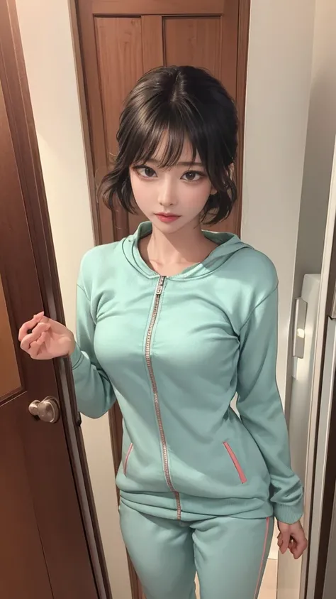 The feeling of the morning air at dawn 、 where the sunrise is mixed 、 leaning against the door at the entrance of the condominium、,track suit,(Thin type:1.5),(large breasts),(random hairstyle),(Highest image quality,(8k), ultra-realistic, Best Quality, Hig...