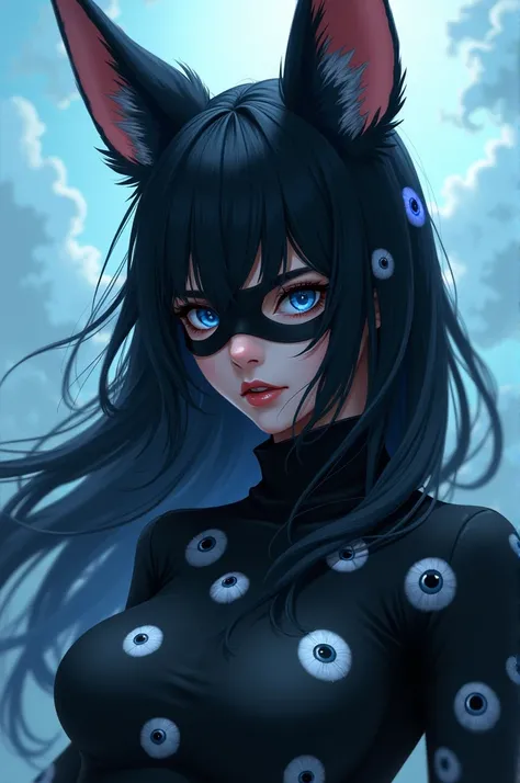  Game Free Fire style female character with long black hair with fox ears wearing a black mask and a black turtleneck shirt full of eyes "blue" e um fundo com nuvens blue