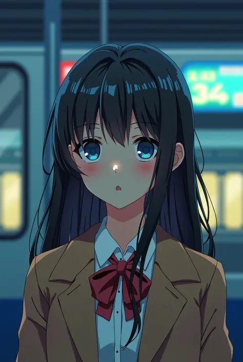 Anime Character in a Train Station: A young anime-style character with long, dark hair and striking blue eyes, wearing a tan trenchcoat-style jacket over a white shirt with a red bow tie. Her expression is introspective and pensive as she gazes off-screen....