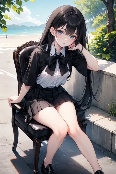  Long straight black hair , School,    blue eyes ， Black Leather Shoes ，  black pleated skirt  ,   black stockings  ,  Black Leather Shoes ,   sitting on a chair  ，HEALTHY SKIN , Outdoor scenery, Green leaves and blue sky, Bright natural light    ,    The ...