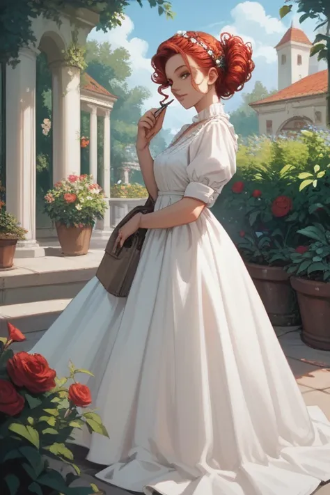  Woman full of seams on her face ,  looking like the monster from Frankenstein,  curly and red hair, yellow eyes and greyish skin ,  long dress against the backdrop of a garden  