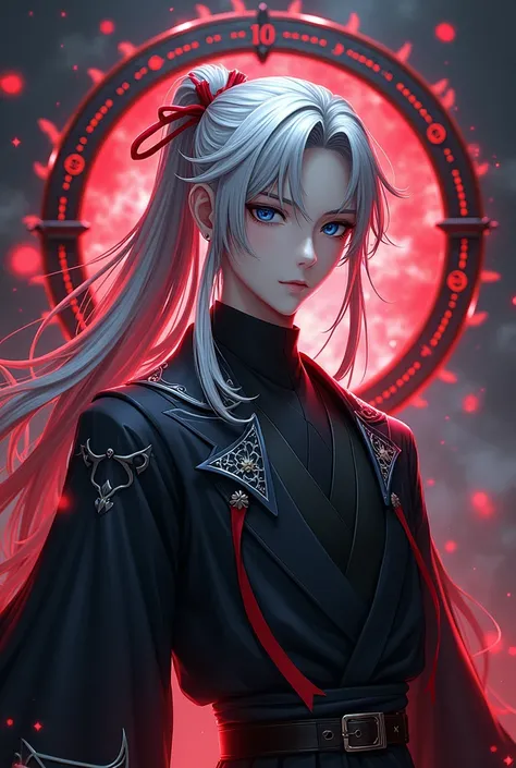 Full body image, handsome young protagonist xianxia,long gray white hair,red long ribbon tied on hair,handsome face,(handsome male on 20-25 yo),dark blue eyes((make blue color more darker and darker))villain aura menacing,at back head is god circle with de...