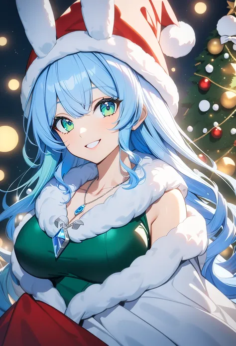 high quality, 8k, detailed, anime style, (tall rabbit girl:1.3), (large breasts:1.2), (flowing blue hair:1.2), (gentle green eyes:1.3), (fitted santa costume:1.4), (white fur trim:1.2), (silver pendant necklace:1.2), (christmas tree background:1.1), (charm...