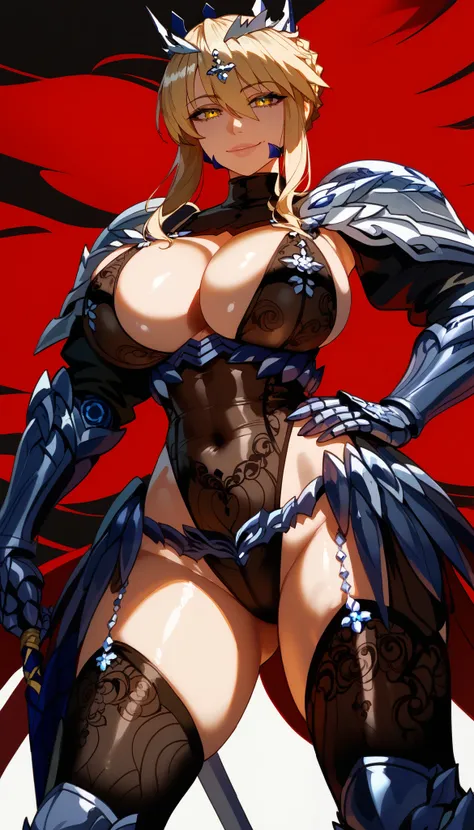  perfect eyes、 perfectly sexy face、 ultra detailed 、ultra perfect eyes、 Artoria Pendragon、 shiny hair 、 light blond hair、Braid、 yellow-eyed、horn、 black jumpsuit 、central opening、cut out clothes、navel、Huge breasts、Armor、 swallows 、 red and black cover、Armor...