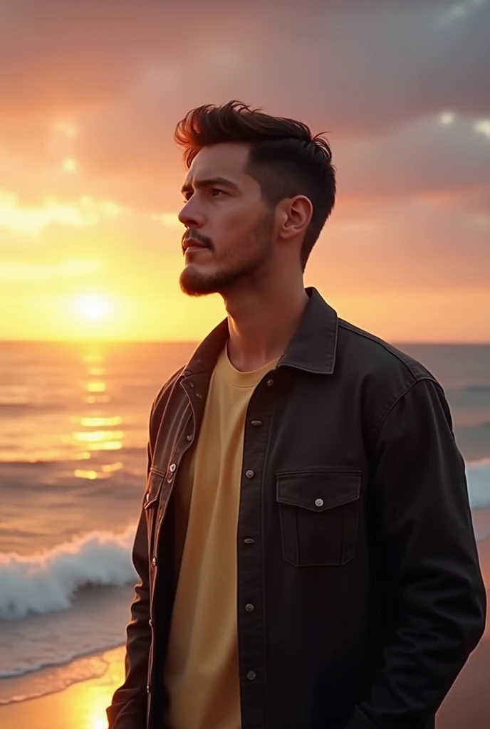 A realistic portrait of a man with short dark hair, light beard, and a medium skin tone, standing on a peaceful beach during sunset. The sky is filled with warm hues of orange, pink, and purple, and the golden sunlight reflects gently on the ocean waves. T...