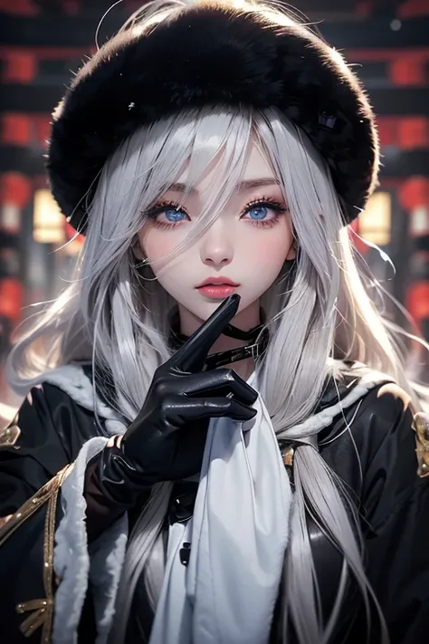 Ushanka 、WHITE MINK LONG COAT 、 Black Gloves 、 black boots、 blondes、Black eyes、 Handsome Womens Faces  、 has long eyelashes、 slender body、Lips that are well、Intense Eye Highlight 、small breasts、 Russian style 、 DONT EXPOSE YOUR SKIN、((Japanese anime girls ...