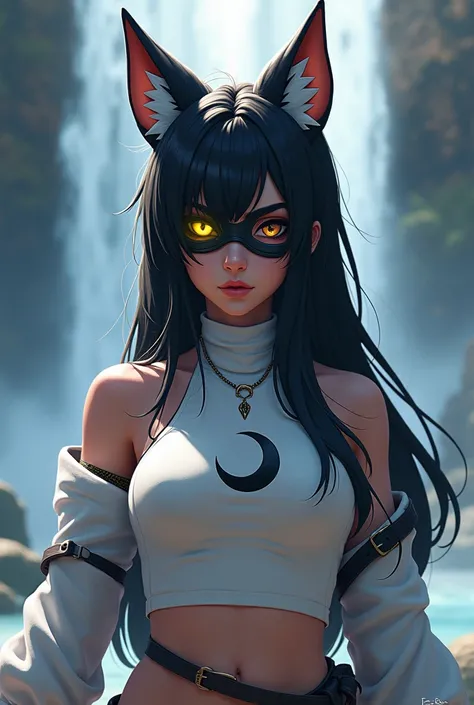  Game Free Fire style female character with long black hair with fox ears with a pirate mask covering one eye and a white turtleneck shirt with a long sleeve written in the middle of the Moon with her eyes "yellow" And a waterfall background  