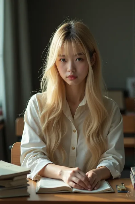 (( best quality )), (( masterpiece )), (detailed),  Korean blonde with long hair and bangs sitting in a college chair studying, Photo taken by a secret admirer 