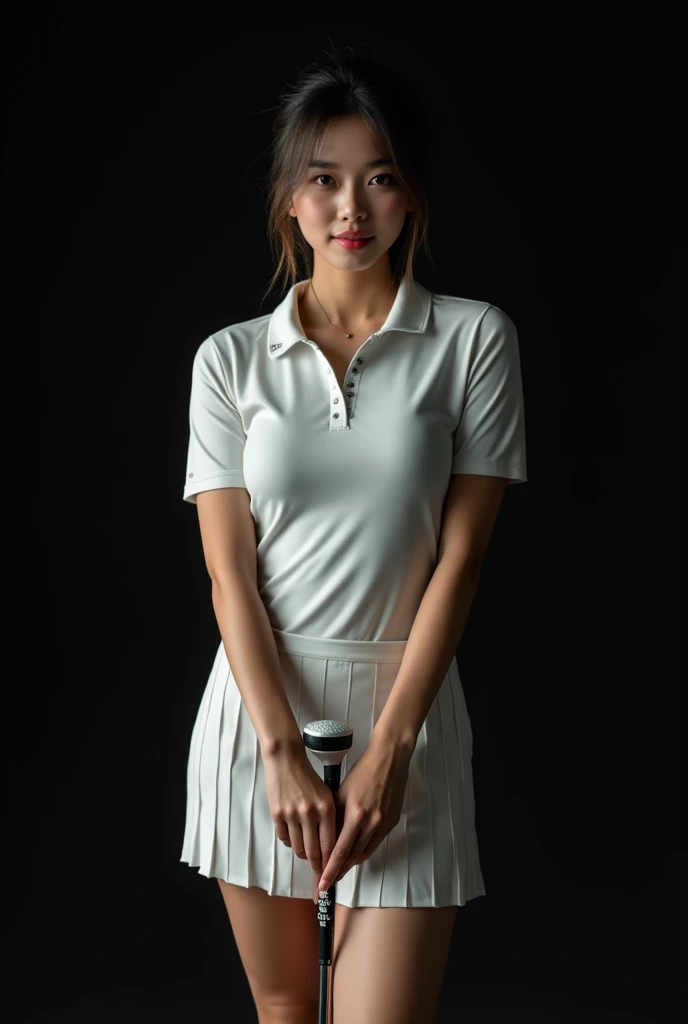 （Highly detailed body，Highly detailed face，the best quality：1.2）, The young Asian woman in a tight collar t-shirt with tennis mini skirt. She has Ponytail hairstyle and is looking straight at the audience. She is holding a golf club. The background is a no...