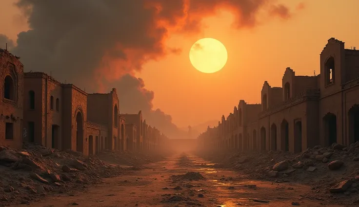 A Desert Town in Ruins: A small desert town lies in ashes, its streets empty and buildings crumbling. The sky glows orange and gray with smoke, evoking a sense of decay and hopelessness caused by the Crimson Pact. Hyper realistic.