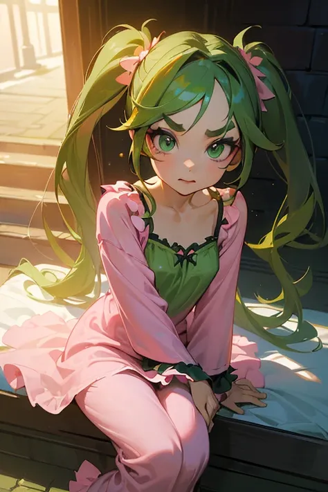 ( top quality, masterpiece:1.2),    high definition  , ((  green hair sitting on alley steps )).  very detailed bust,   realistic  :1.37, fantasy,   illustrations, ((  green eyes)).  queen  ,   Red Dress  .Platinum decoration、  beautiful、  Eyeshadow Red、  ...