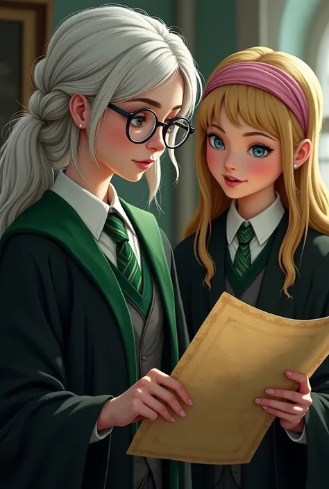 , a Slytherin woman with a side braid, white hair, light blue eyes, wearing clear framed glasses, and a friends hair. Long golden, light blue eyes, wearing a pink headband, looking at an old map、Theyre wearing a black robe with a green border. .、 Hes weari...