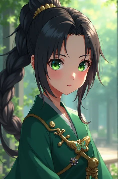  Create a Demon Slayer style image 
A girl with long hair tied up in a thick and long braid, the green eyes,  with a butterfly clasp on the braid , with the uniform of the butterfly estate  