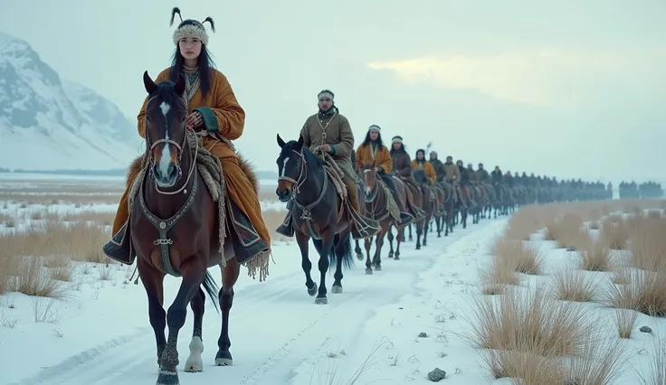  high quality,  8k Ultra HD,  migrating indigenous American tribe fleeing the snow in search of food,  riding beautiful horses , Beautiful women, no defect,  perfect hands,  perfect eyes,  long hair,  smoke train passing the bridge ,  large animals in herd...