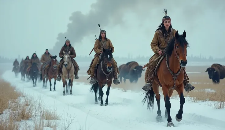  high quality,  8k Ultra HD,  migrating indigenous American tribe fleeing the snow in search of food,  riding beautiful horses , Beautiful women, no defect,  perfect hands,  perfect eyes,  long hair,  smoke train passing the bridge ,  large animals in herd...