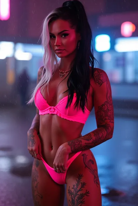 Standing in the rain, neon pink lace bra, neon pink high rise thong, hand down her thong, tattoos, long wet black and white hair