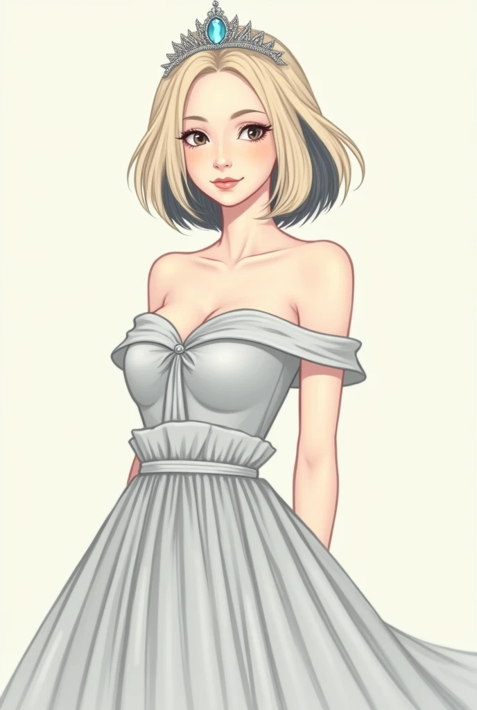 a woman with short shoulder length  blonde hair with two tone gray streaks wearing a light gray off the shoulder dress with a pleated skirt and a silver tiara featuring a blue gem simple drawing