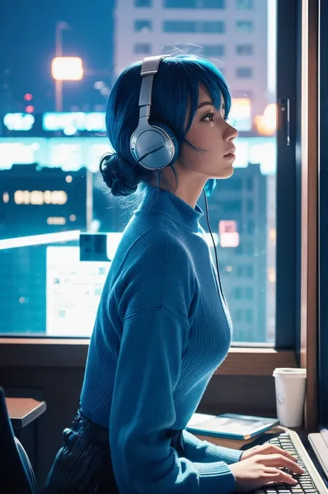 City pop style art,  blue hair,  shortcuts,   headphones , Futuristic yet lo-fi, Retro,  vintage , Ghost,masterpiece, ((  side shot )), Sit at a desk and concentrate on studying, Laptop and coffee on the desk, (( Midnight )), ((  Look Down ))