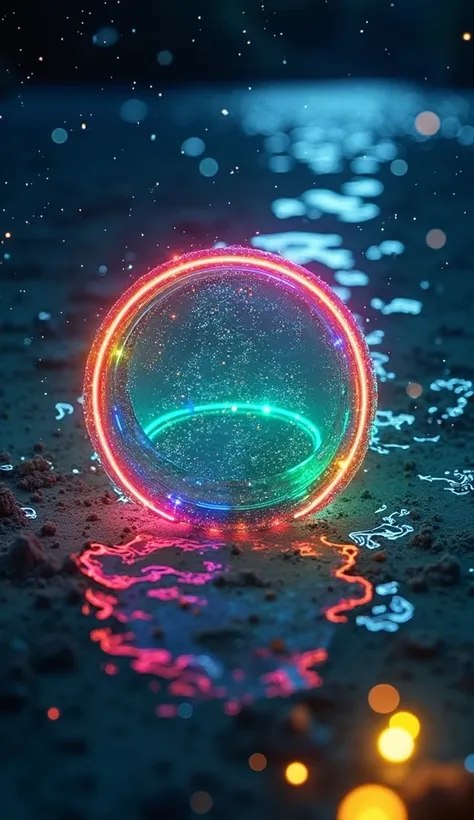   Closeup of the Ring   、Ring Falling to the Sea   、Artisticな指輪  、 Light falling from the surface of the sea 、   spotlight、 Lines of light emerge vividly、 Beautiful Neon Underwater Garden  、Artistic、   Fascinating artwork   、Supple、      vibe、Stardust 、