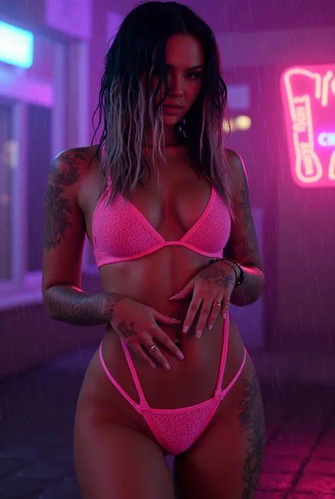 Standing in the rain, neon pink lace bra, neon pink high rise thong, hand going down in her thong, tattoos, long wet black and white hair