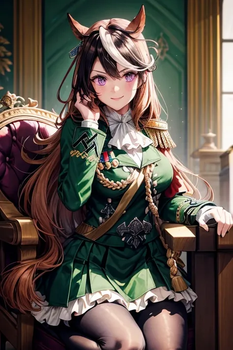 symboli rudolf,one person、girl、Horse tail、purple eyes、best quality,large breasts,Green coat, green military jacket,  green skirt, red cloak, white gloves, black tights,golden epaulettes ,Medals, gem,Button closure, full body,seductive smile,perfect hand、 o...