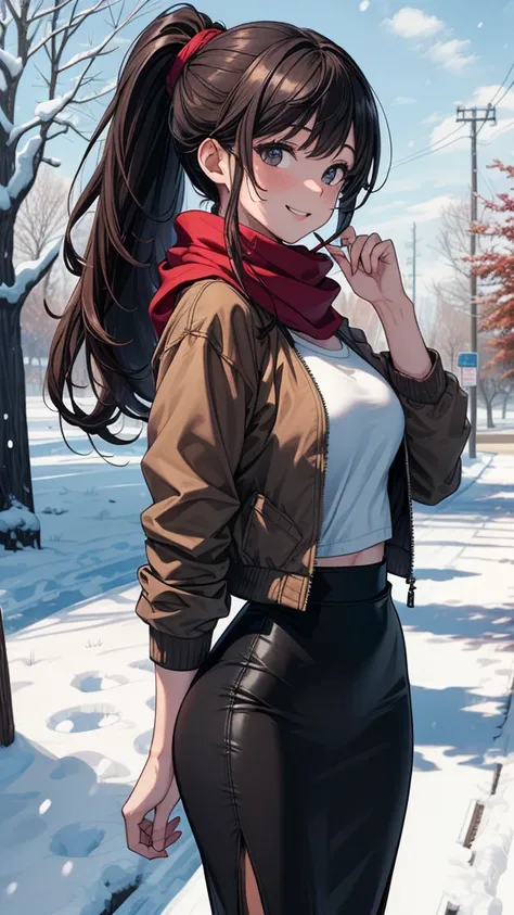 ((masterpiece, best quality:1.3, high detail)), beautiful woman, smile, looking at viewer, long ponytail hair, (dark brown hair), solo focus, one person only, (brown jacket, white sweatshirt, red scarf, (long black maxi pencil ((skirt))), boots, outdoors, ...