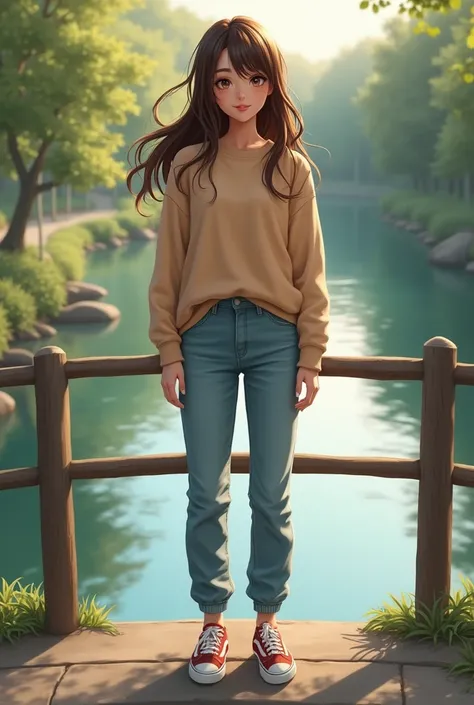 A young brunette with long brown hair with fringe curtain bangs brown eyes wearing sweatshirts, jeans and sneakers from Vans 
In the river on a bridge
