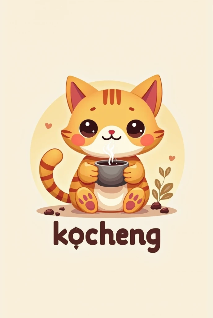  makes a cat logo in a cute or adorable style with a happy expression while drinking coffee with the inscription "Kocheng "