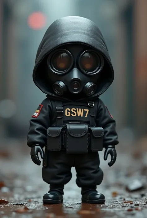  Small full body cute soldier character, pixar 3d style,  high quality, cartoon,  wearing black military uniform . Hooded face ,  gas mask and night vision goggles . standing. smoky background. GSW7 written on the chest .