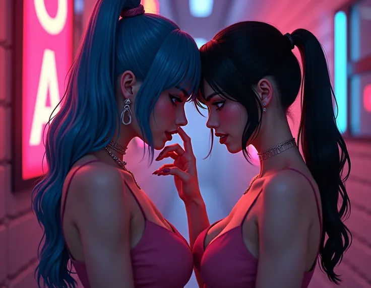  two women in an alley with neon lights in the background ,  one with long blue hair and red eyes , taller than the other ,  with a look of anger and passion ,  with one hand barely lifts her chin , In position seducing her .  the other woman has black hai...