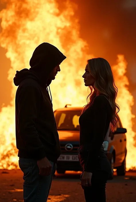 Photographie qualité professionnelle avec appareil canon professionnel objectif 185mm  , un homme européen la tête recouverte de la capuche de son hoddies noir porte un jean et une femme  se font front devant un mur de flamme  et un véhicule Opel Zafira de...