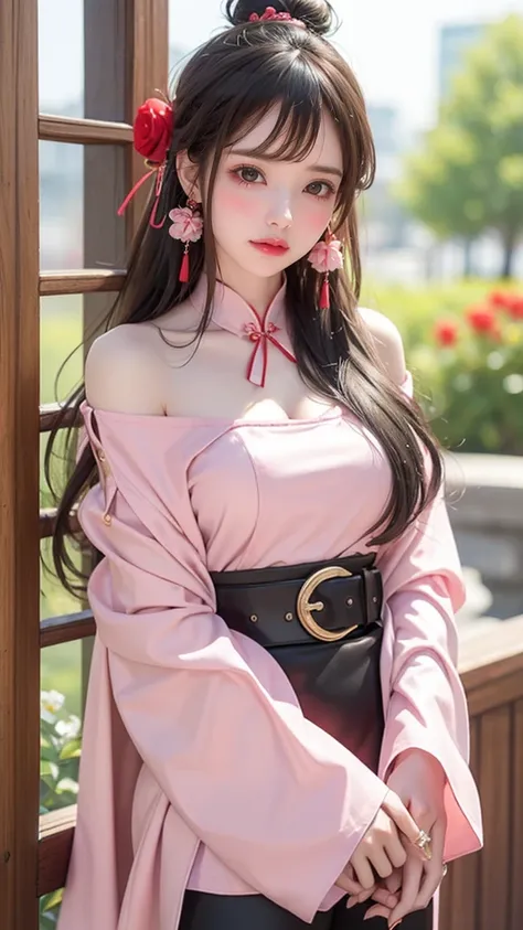  1 Girl, jewelry, earrings,  unique , Hair accessories,  with eyes closed ,  Chinese Clothes , flower, Black Hair,  red lips, hair flower, Bare shoulders, cosmetic, skirt,  gradient leggings with sleeves over , Long sleeve, Wide sleeves, flower瓣, Vague,  b...