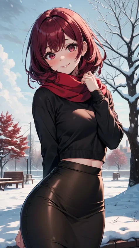 ((masterpiece, best quality:1.3, high detail)), beautiful woman, smile, looking at viewer, medium hair, (maroon hair), solo focus, one person only, full-face blush, (brown jacket, white blouse, red scarf, (long black maxi pencil ((skirt))), boots, outdoors...