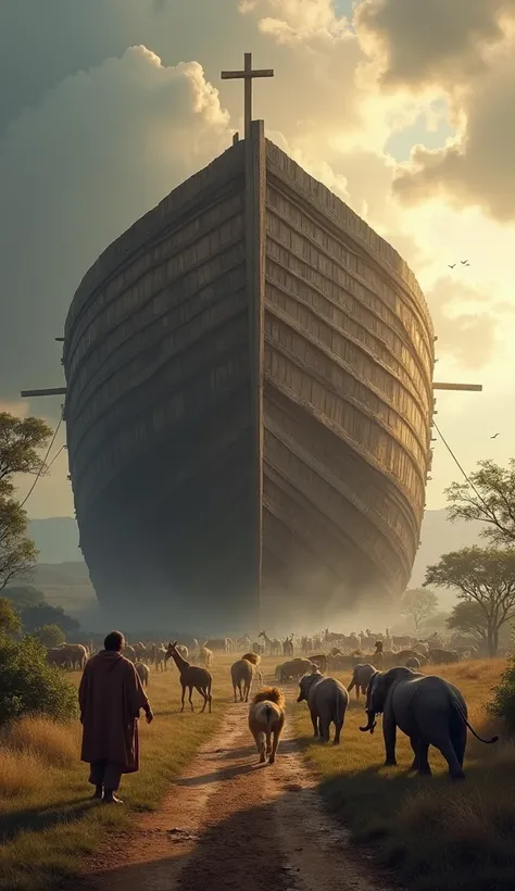  A majestic scene of the ark of Noah, already finished ,  highlighted against a cloudy sky ,  with soft rays of the sun crossing the clouds ,  symbolizing hope and faith . The ark is huge,  built with sturdy wooden planks ,  with visible details of the joi...