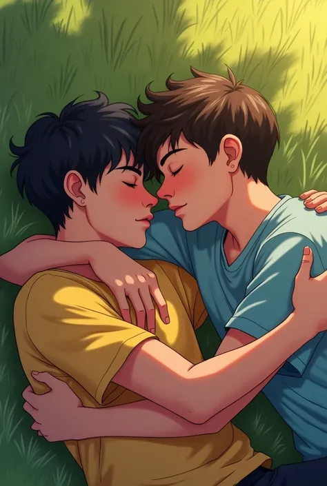  Two young men like that Morrillos , teenagers in love with gays ,  that they go to school like that they are lying on the grass, so loving and cuddling, but that you have wavy dark brown hair and that you are brown and you look passive and submissive, And...