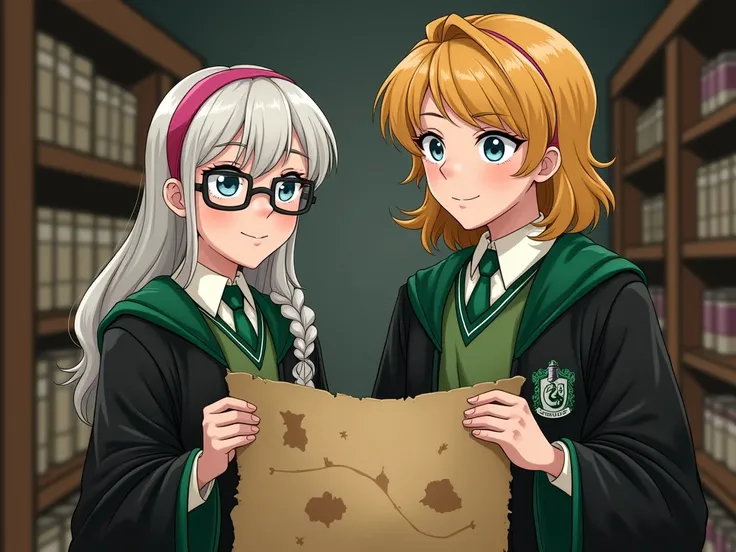 , a Slytherin girl with one side braid, white hair, light blue eyes wearing clear framed eyeglasses, and a long-haired, golden-haired female friend with light blue eyes wearing a pink headband. And a fellow salesman with short hair, golden short bob, was l...