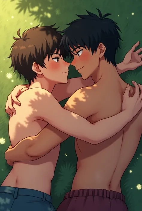  Two young men like that Morrillos , teenagers in love with gays , that they go to school like this lying on the grass so loving and cuddling but that you have wavy dark brown hair and that one is a little brown and you look passive and submissive and frag...