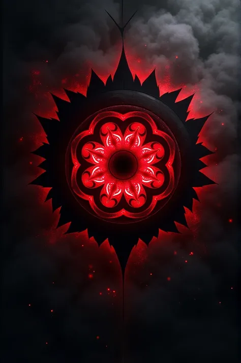 
"Create a unique Mangekyō Sharingan design that does not exist in Naruto. The eye should feature intricate geometric patterns with a glowing red and black color scheme. Incorporate swirling shapes combined with sharp, angular elements to give it a mystica...